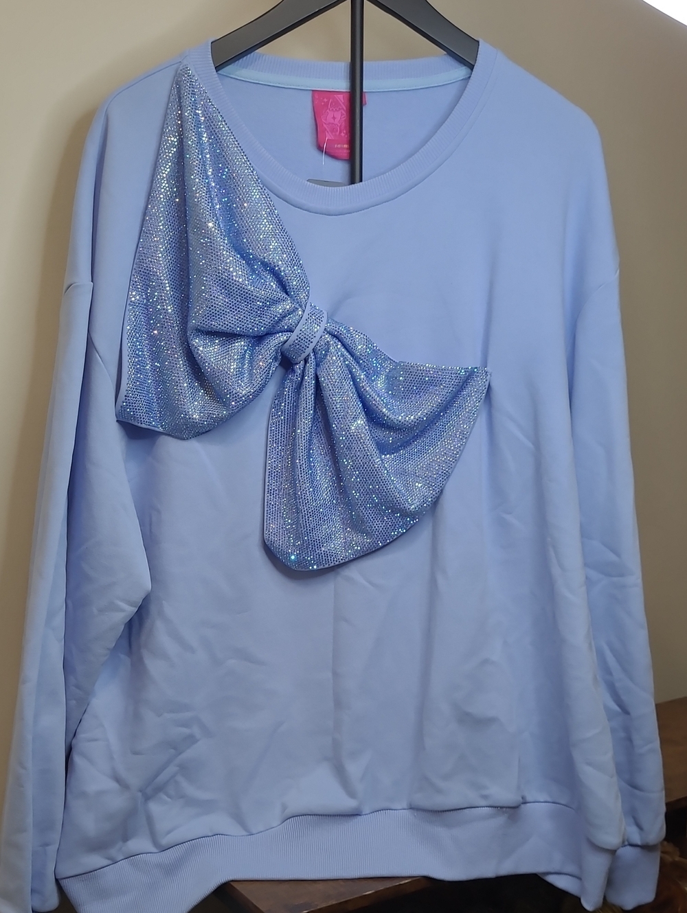 NWT Queen of Sparkles Light Blue Sweatshirt with Large 3D Bow size XL
